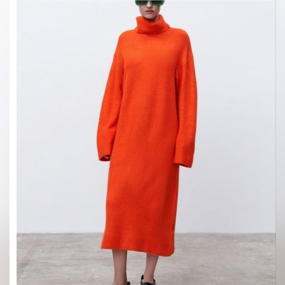 ZARA BLOGGER FAVE Orange OversizedFuzzy Knit Dress Turtleneck